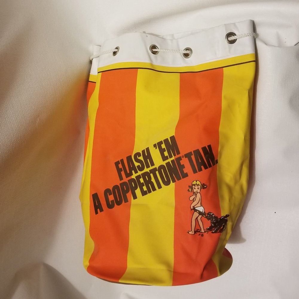 vtg orange & yellow striped vinyl bag w girl & dog - Picture 4 of 14